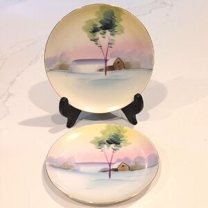 Vintage Mieto China Hand Painted Pastel Landscape Plates Set of 2 Made in Japan